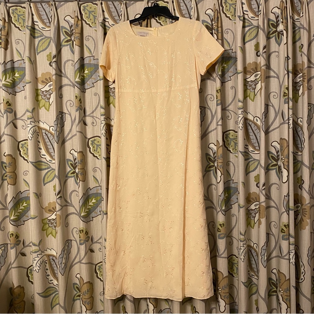 Vintage Laura Ashley yellow short sleeve square neck embroidered floral dress